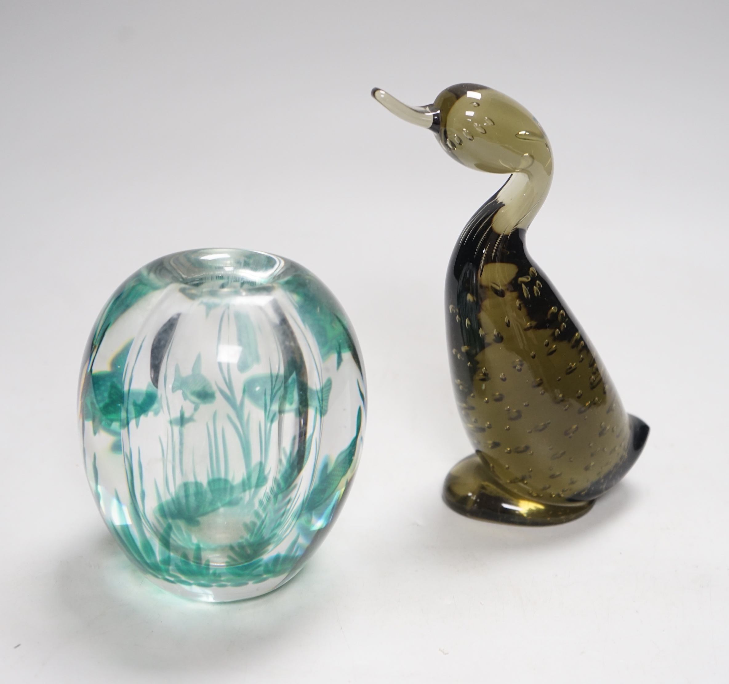 An Orrefors Edward Hald Graal glass vase and similar glass duck, duck 19cm